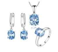 PVUVTNAHW Conjuntos de joyas con piedras preciosas de topacio azul cielo for mujer, anillos, collar, colgante y pendientes de clip en plata de ley 925.(7)