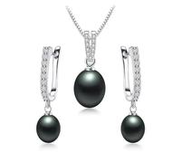 PVUVTNAHW Pendientes de perla de arroz de agua dulce de 8-9 mm, collares colgantes de 45 cm, conjunto de joyas de plata de ley 925 for mujer(Nero)