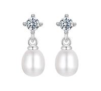 PVUVTNAHW Pendientes elegantes de plata de ley 925 con perlas de agua dulce y moissanita bañados en oro blanco for mujer.