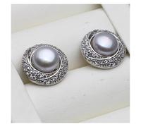 PVUVTNAHW Pendientes grandes de agua dulce con perla plana de plata de ley 925, pendientes de perla natural for mujer(Gray)