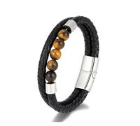 PVUVTNAHW Pulsera con dijes de Cuero Trenzado Multicapa for Hombre, Piedra de Ojo de Tigre Verde Pavo Real, joyería Simple de Acero Inoxidable(21cm,Silver Tiger Eyes)