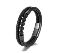 PVUVTNAHW Pulsera con dijes de Cuero Trenzado Multicapa for Hombre, Piedra de Ojo de Tigre Verde Pavo Real, joyería Simple de Acero Inoxidable(21cm,Black Matte)