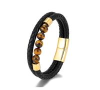 PVUVTNAHW Pulsera con dijes de Cuero Trenzado Multicapa for Hombre, Piedra de Ojo de Tigre Verde Pavo Real, joyería Simple de Acero Inoxidable(23cm,Gold Tiger Eyes)