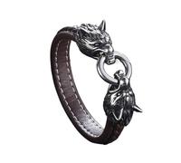 PVUVTNAHW Pulsera de Cuero for Hombre de Acero Inoxidable 316L con Cabeza de Lobo Doble Vikingo nórdico clásico, joyería Punk de Moda(23cm,Coffee)