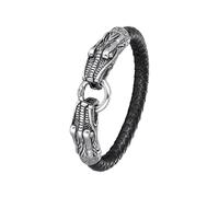 PVUVTNAHW Pulsera de Cuero for Hombre de Acero Inoxidable 316L con Cabeza de Lobo y dragón Doble Vikingo clásico, Pulseras de joyería Punk a la Moda(21cm,L649)