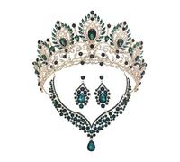 PVUVTNAHW Tiaras Y Coronas De Cristal, Conjunto De Joyería Nupcial, Tiara, Gargantilla, Collar, Pendientes For Vestido De Novia, Accesorio For Desfile De Novias(Gold Green Set)