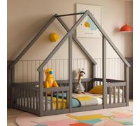PVWIIK Cama Montessori de tamaño individual con valla y barandillas para niños y niñas, cama de piso de casa y marco de cama de madera maciza, fácil montaje y no necesita somier, color gris