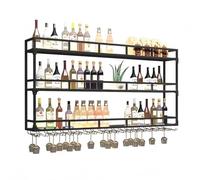 PVYGDXYI Moderno estante de vino de pared con luz LED, armario multifuncional de 3 niveles para bar, soporte de botellas de estilo industrial y almacenamiento de vidrio, color negro (120 x 90 x 25 cm)
