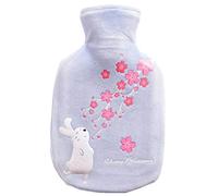 PW Caucho Botella de agua caliente con Cubierta de felpa Alivio del dolor y uso diario Bolsa caliente 350 ml / 12 onzas, Flores de cerezo y conejo