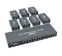 PW-HTS0107IR (POC) 1X7 Splitter HDMI Extensor de Divisor Puerto sobre Cat5e/Cat6 Cable Ethernet con Control Remoto IR Sin demora hasta 60m/196ft y Resolución hasta 1080P@60 Hz (1 In 7 out)
