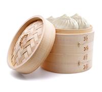 PWGHWG Vaporera de bambú de 2 niveles con tapa, cesta de vapor de bambú de 15 cm, con 2 esteras de silicona para cocinar al vapor, arroz, dim sum, verduras, carne