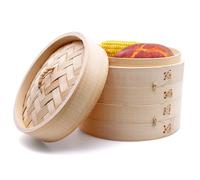 PWGHWG Vaporera de bambú de 2 niveles con tapa, cesta de vapor de bambú de 21 cm, con 2 alfombrillas de silicona para cocinar al vapor, arroz, dim sum, verduras, carne (L)