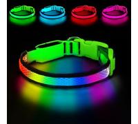PWOD Collar de perro con luz LED, recargable por USB, de nailon, ajustable, cómodo, suave, brillante, 7 colores, luz de seguridad, para perros pequeños, medianos y grandes (grande, verde)
