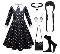 PWOKAO Disfraz de Miércoles para niños, 6 unidades, vestido negro gótico con peluca, bolsillo y calcetines, disfraz para niños, carnaval, disfraz para niña, cosplay, fiesta, traje (L)
