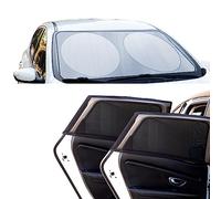 +PWR Car Parts Pack de Verano de Parasoles + Cortinillas Laterales. Parasol Delantero Plegable Plata de 150 x 80 cm más 2 Cortinillas Laterales Elásticas Universales Microperforadas.