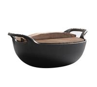 Pwshymi Olla Caliente de Hierro Fundido con Tapa de Madera, Olla para Guisar Duradera Antiadherente para Cocción por Inducción, 27x27x8,5 Cm (Negro)