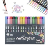 Pwzoax 8/12/24/36/48/60 Colors Dual-Line Contour Pen, Self Outlining Glitter Markers, Metallic Outline Pens Quick-Dry Ink for Drawing, Coloring & DIY Crafts (48 Colors)