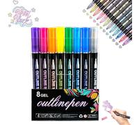 Pwzoax 8/12/24/36/48/60 Colors Dual-Line Contour Pen, Self Outlining Glitter Markers, Metallic Outline Pens Quick-Dry Ink for Drawing, Coloring & DIY Crafts (8 Colors)