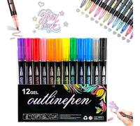 Pwzoax 8/12/24/36/48/60 Colors Dual-Line Contour Pen, Self Outlining Glitter Markers, Metallic Outline Pens Quick-Dry Ink for Drawing, Coloring & DIY Crafts (12 Colors)