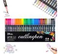 Pwzoax 8/12/24/36/48/60 Colors Dual-Line Contour Pen, Self Outlining Glitter Markers, Metallic Outline Pens Quick-Dry Ink for Drawing, Coloring & DIY Crafts (24 Colors)