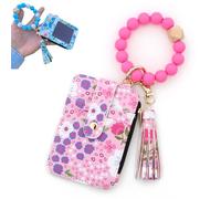 Pwzoax Boho Style Beaded Tassel Keychain Wallet, Women's Boho Beaded Wallet Keychain with Flower Pattern (Rose Red)