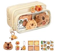 Pwzoax Cute Capybara Pencil Case, Multi-Layer Large Capacity Capybara Pencil Pouch, Pen Bag Canvas Capybara with Compartments, Comes with Brooch, Stickers, Pendant, and Memo Pad (Beige)