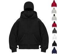 Pwzoax Men's Balaclava Zip up Hoodie with Face Mask Built in Jacket Fashion Double Hooded Sweatshirt Outerwear Unise (Black,M)