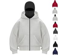 Pwzoax Men's Balaclava Zip up Hoodie with Face Mask Built in Jacket Fashion Double Hooded Sweatshirt Outerwear Unise (Gray with a Black Hat,XL)