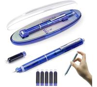 Pwzoax Retractable Fountain Pen, Fountain Pen Retractable: 0.38mm Blue&Black Ink Transparent Barrel Includes 5 Refillable Ink Cartridges, for Writing, Office (Blue,Erasable)