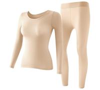 Pwzoax Seamless Elastic Thermal Inner Wear, Women Winter Ultra Thin Crewneck Soft Elastic Self-Heating Underwear Set (Beige,L(88-143 lbs))
