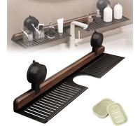 Pwzoax Walnut Bathroom Kitchen Suction Cup Shelf, Walnut Suction Cup Bathroom Shelf, Removable Sink Faucet Organizers, Wall Mounted No Drilling Storage ShelfBasket (Black,50cm/19.6in)