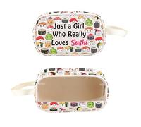 PXTIDY Bolsa de aseo transparente para amantes del sushi, con texto en inglés "Just a Girl Who Really Loves Sushi", bolsa de cosméticos, comida japonesa, regalos de sushi, beige, Neceser