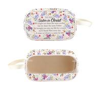 PXTIDY Neceser transparente con texto en inglés «Sister in Christ» para regalo de hermana cristiana, versículo bíblico, religiosas, regalo de bautizo, beige, Neceser