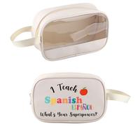 PXTIDY Neceser transparente para profesor, regalo para profesores de español, con texto en inglés "I Teach Spanish What's Your Superpower", beige, Bolsa de maquillaje transparente