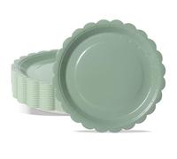 PYAILI 50 Platos de Cartón - Set Cumpleaños 18cm (Borde Festoneado Verde Salvia) para Fiestas de Fin de Año, Año Nuevo y Cumpleaños