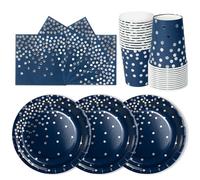 PYAILI 72 Piezas Azul Oscuro Plata Vajilla Fiesta Cumpleaños, Platos y Vaso Cumpleaños Infantil, Set de Party Decoración Platos Servilletas para Navidad, Barbacoas, Fiestas -24 Invitado