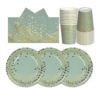 PYAILI 72 Piezas Verde Hierba Oro Vajilla Fiesta Cumpleaños, Platos y Vaso Cumpleaños Infantil, Set de Party Decoración Platos Servilletas para Navidad, Barbacoas, Fiestas -24 Invitado