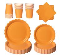 PYAILI 96 Piezas Naranja Vajilla Fiesta Cumpleaños, Platos y Vaso Cumpleaños Infantil, Set de Party Decoración Platos Servilletas para Navidad, Barbacoas, Fiestas -24 Invitado