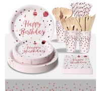 PYAILI Cumpleaños Vajilla de Fiesta,193 Pcs Oro Rosa Blanco Vajilla Set Platos Fiesta Tazas Servilletas Cuchillos Tenedores Cuchara y Mantel, para todo tipo de Fiestas Temáticas -24 invitados