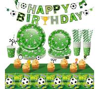 PYAILI Fútbol Party Tableware Set,Decoración de fiesta de cumpleaños de fútbol 20 invitados,Fútbol blanco y negro platos de papel vasos servilletas Decor para fiesta de cumpleaños