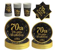 PYAILI Juego de cubiertos para cumpleaños de 70 años, con 96 piezas, capacidad para 24 personas, incluye platos, vasos, servilletas y una tarjeta de cumpleaños.