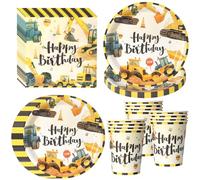 PYAILI Set de 52 piezas tema construcción Platos decorados con excavadoras, vasos y servilletas, para 16 invitados