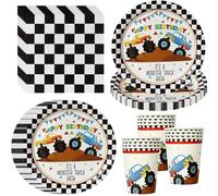 PYAILI Set de 52 piezas tema monster truck Platos, vasos y servilletas para decoración de cumpleaños con tema de vehículos todoterreno, para 16 invitados