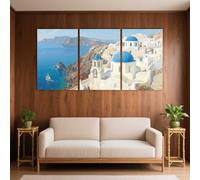 PYBILDCYJ 3 Cuadros en Lienzo Natural Moderno 50x75 cm Iglesias con cúpulas azules en Santorini y mar Egeo Decoración Pared para Salón y Dormitorio | Set 3 Piezas Impresión HD, Listo para Colgar