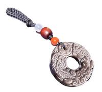 PYENHDI Collar de jade Feng Shui, Llavero de obsidiana natural con brillo plateado 32 x 9 mm, collar redondo doble Piyao