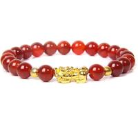 PYENHDI Pulsera Feng Shui, Pulsera de obsidiana negra for hombre, con dije dorado, brazalete Pixiu 8 mm, amuleto la suerte for mujer, ágata roja, 19 cm