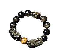PYENHDI Pulsera Feng Shui, Pulsera Feng Shui Doble Pixiu for la Prosperidad y Riqueza, con Piedra Ojo de Tigre Obsidiana Dorada