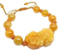 PYENHDI Pulsera Feng Shui, Pulsera Feng Shui Pixiu de jade amarillo natural for la riqueza, brazalete ajustable con cristal