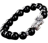 PYENHDI Pulsera Feng Shui, Pulsera Pi Xiu de obsidiana negra natural con cuentas cristal plata pura, amuleto la suerte
