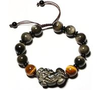 PYENHDI Pulsera Feng Shui, Talismán de riqueza ajustable obsidiana negra Pixiu con forma dragón, cristal Reiki, chakra y cuarzo